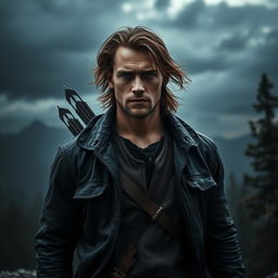 A dark and realistic representation of a man embodying the Sagittarius zodiac sign, capturing his adventurous spirit and free-spirited nature