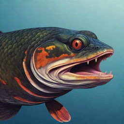 Captivating and detailed vector art of an angry snakehead fish, with expressive eyes, detailed scales and a vibrant color palette reflecting its fiery temperament