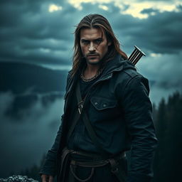 A dark and realistic representation of a man embodying the Sagittarius zodiac sign, capturing his adventurous spirit and free-spirited nature