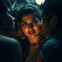 A sensual and dramatic scene featuring an Indian woman with an alluring presence, reminiscent of a glamorous actress, in a dimly lit slum environment