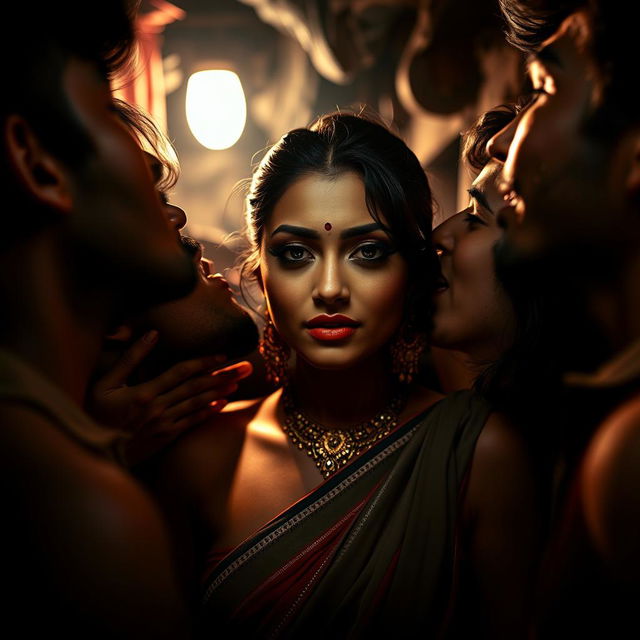 A sensual and dramatic scene featuring an Indian woman with an alluring presence, reminiscent of a glamorous actress, in a dimly lit slum environment