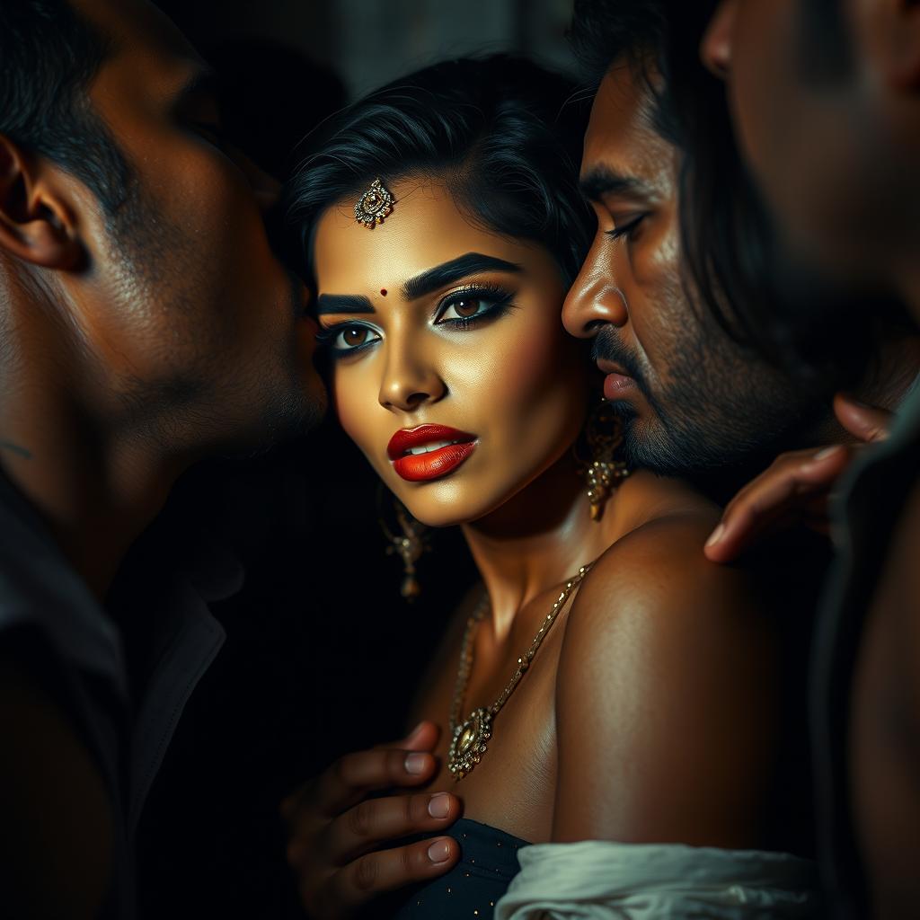 A sensual and dramatic scene featuring an Indian woman with an alluring presence, reminiscent of a glamorous actress, in a dimly lit slum environment