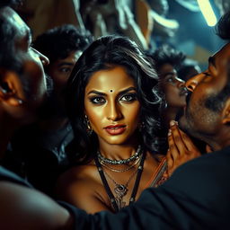 A sensual and dramatic scene featuring an Indian woman with an alluring presence, reminiscent of a glamorous actress, in a dimly lit slum environment