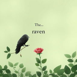 A minimalist book cover titled 'The Raven and the Rose', featuring subtle greenery as a background, with a delicately depicted raven and a rose symbolizing the themes without being overt