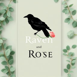 A minimalist book cover titled 'The Raven and the Rose', featuring subtle greenery as a background, with a delicately depicted raven and a rose symbolizing the themes without being overt