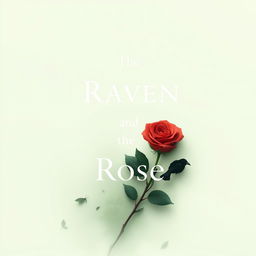 A minimalist book cover titled 'The Raven and the Rose', featuring subtle greenery as a background, with a delicately depicted raven and a rose symbolizing the themes without being overt