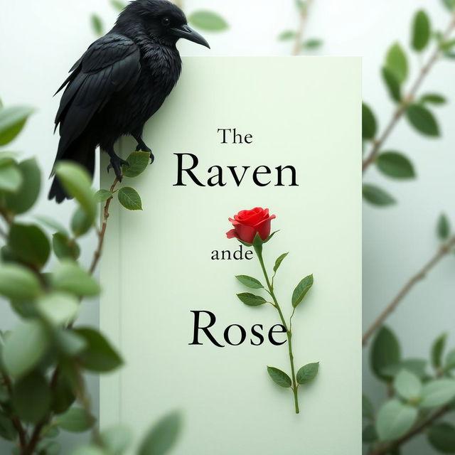 A minimalist book cover titled 'The Raven and the Rose', featuring subtle greenery as a background, with a delicately depicted raven and a rose symbolizing the themes without being overt