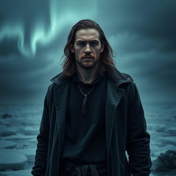 A dark and realistic portrayal of a man embodying the Aquarius zodiac sign, symbolizing innovation and individuality