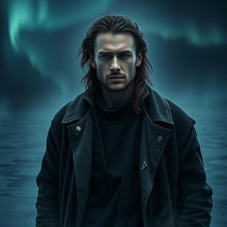 A dark and realistic portrayal of a man embodying the Aquarius zodiac sign, symbolizing innovation and individuality