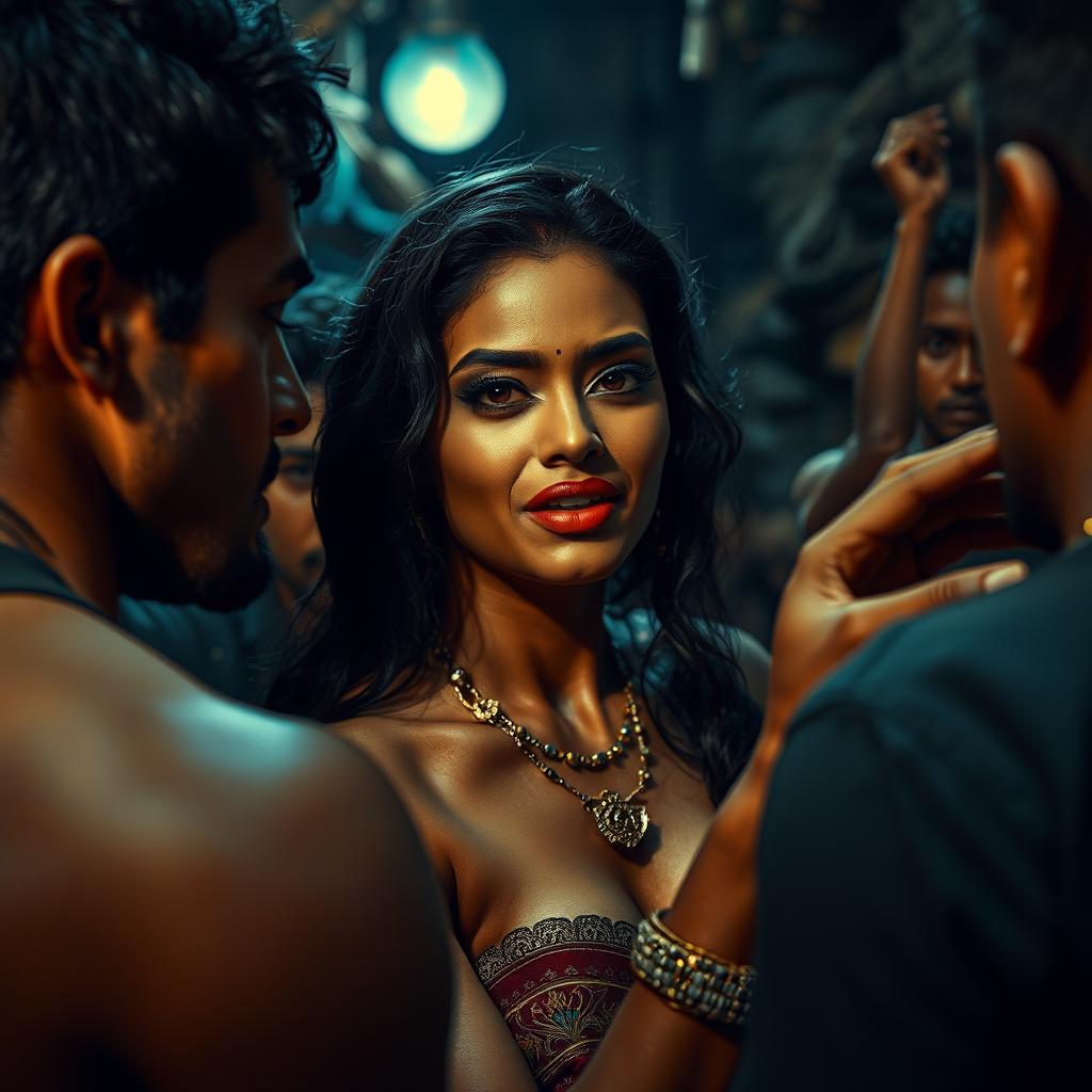 A sensual and dramatic scene featuring an Indian woman reminiscent of a glamorous actress, embodying confidence and allure in a dimly lit slum setting