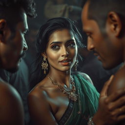 A sensual and dramatic scene featuring an Indian woman reminiscent of a glamorous actress, embodying confidence and allure in a dimly lit slum setting