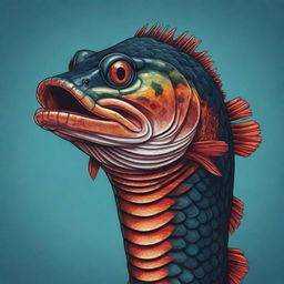 Captivating and detailed vector art of an angry snakehead fish, with expressive eyes, detailed scales and a vibrant color palette reflecting its fiery temperament