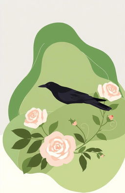 A whimsical and minimalistic illustration titled 'The Raven and the Rose