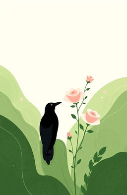 A whimsical and minimalistic illustration titled 'The Raven and the Rose