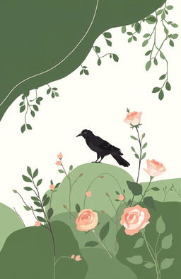 A whimsical and minimalistic illustration titled 'The Raven and the Rose