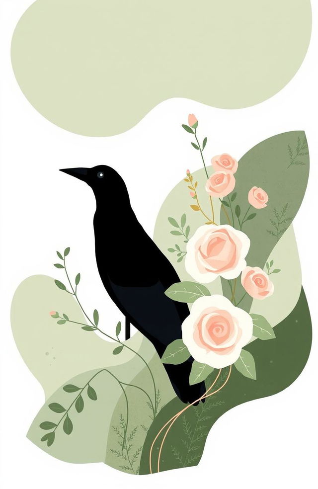 A whimsical and minimalistic illustration titled 'The Raven and the Rose