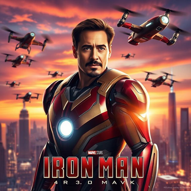 A cinematic poster for 'IRON MAN 4', featuring Robert Downey Jr