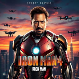 A cinematic poster for 'IRON MAN 4', featuring Robert Downey Jr