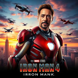 A cinematic poster for 'IRON MAN 4', featuring Robert Downey Jr
