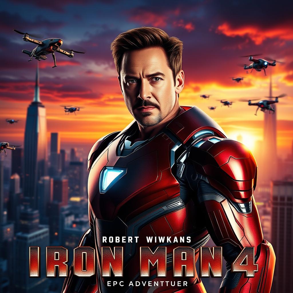 A cinematic poster for 'IRON MAN 4', featuring Robert Downey Jr