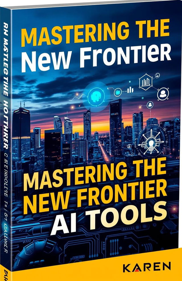 A visually appealing cover for a book titled 'Mastering the New Frontier: A Comprehensive Guide to AI Tools'