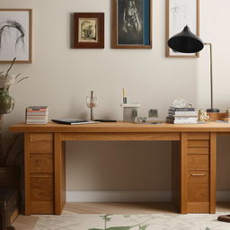 A home desk with a length of six feet, beautifully crafted with plenty of space for work and decoration.