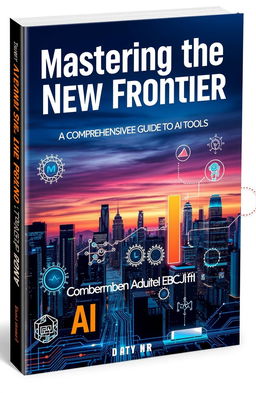 A visually appealing cover for a book titled 'Mastering the New Frontier: A Comprehensive Guide to AI Tools'