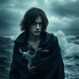 A dark and realistic depiction of a man representing the Pisces zodiac sign, embodying sensitivity and intuition