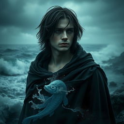 A dark and realistic depiction of a man representing the Pisces zodiac sign, embodying sensitivity and intuition