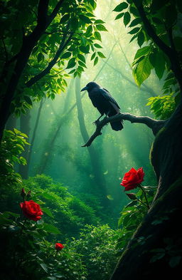 A mystical landscape titled 'The Raven and the Rose', depicting an enchanting forest filled with lush, vibrant greenery