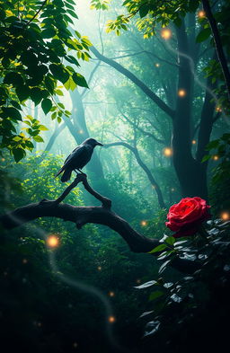 A mystical landscape titled 'The Raven and the Rose', depicting an enchanting forest filled with lush, vibrant greenery