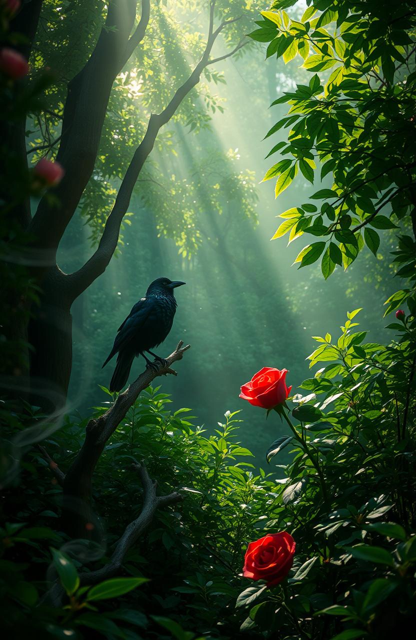 A mystical landscape titled 'The Raven and the Rose', depicting an enchanting forest filled with lush, vibrant greenery