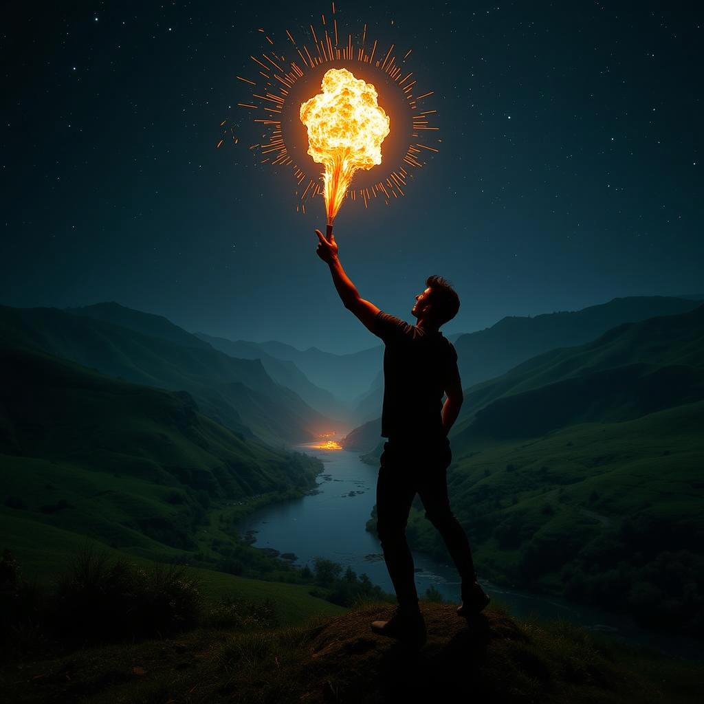 A silhouette of a man standing on a rocky peak, holding a small fireball that trails a bright, glowing tail