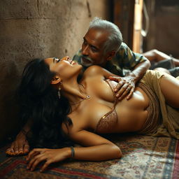 Sensual portrayal of a young Indian woman resembling an Indian call girl, lying on the floor of a humble room in a slum