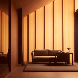 A modern living room featuring sleek, minimalistic furniture in monochromatic tones, illuminated by warm, ambient light.