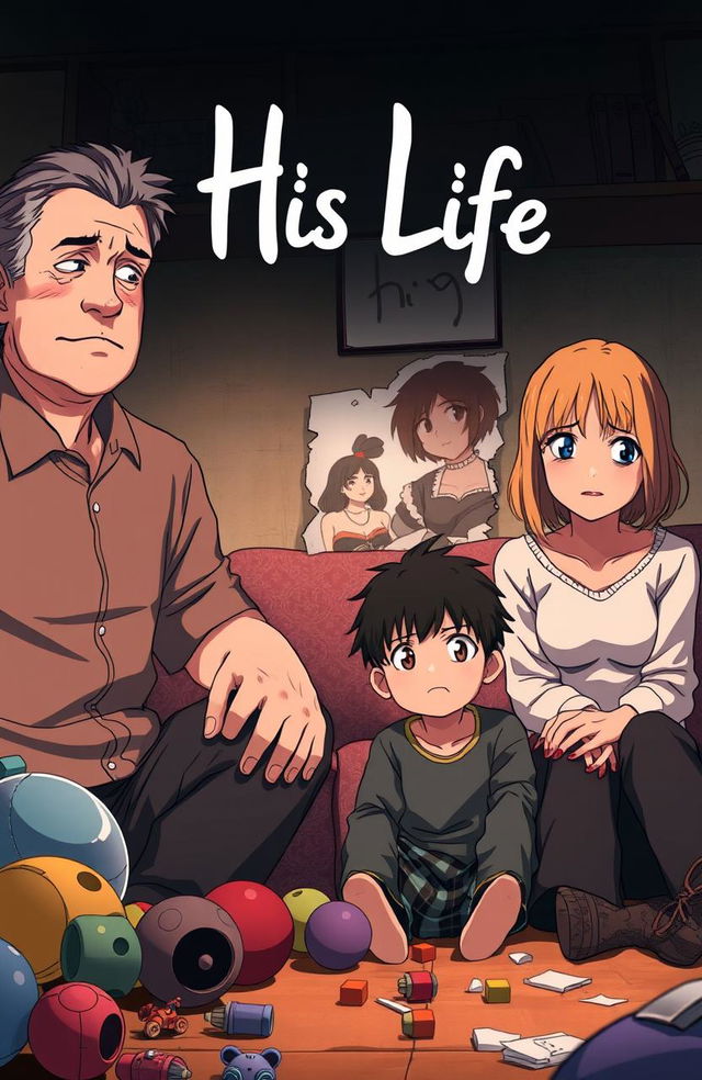 An anime-style illustration depicting a broken family, featuring a middle-aged father with a sad expression, a mother looking distant and emotional, and a teenage boy who appears conflicted and pensive