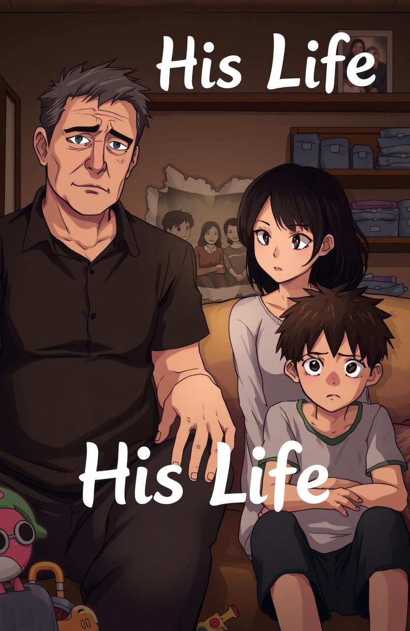 An anime-style illustration depicting a broken family, featuring a middle-aged father with a sad expression, a mother looking distant and emotional, and a teenage boy who appears conflicted and pensive