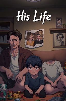 An anime-style illustration depicting a broken family, featuring a middle-aged father with a sad expression, a mother looking distant and emotional, and a teenage boy who appears conflicted and pensive