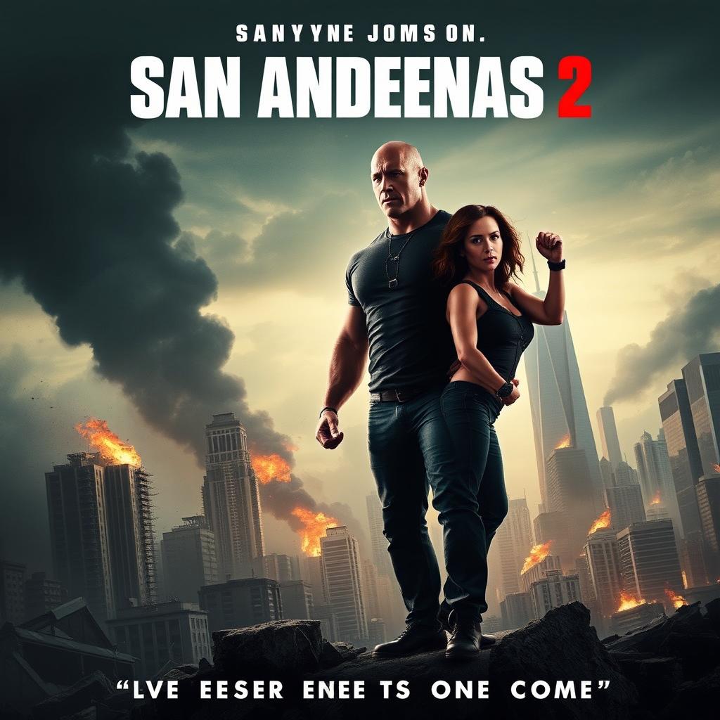 A teaser poster for 'SAN ANDREAS 2', featuring Dwayne Johnson and Megan Fox in heroic poses amidst a backdrop of a devastated city