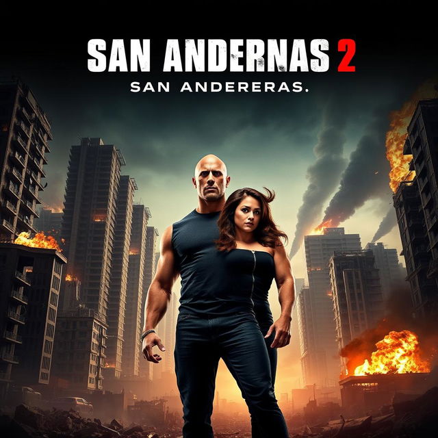 A teaser poster for 'SAN ANDREAS 2', featuring Dwayne Johnson and Megan Fox in heroic poses amidst a backdrop of a devastated city