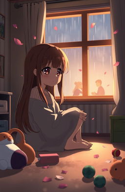 An emotional anime scene depicting a broken family, featuring a young girl with long brown hair sitting alone in a dimly lit bedroom, surrounded by scattered toys