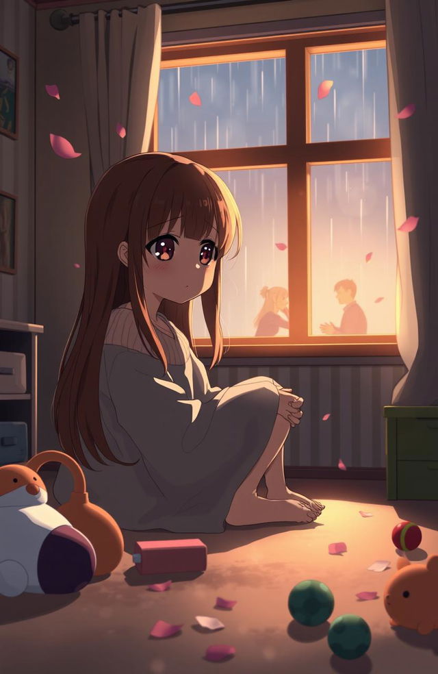 An emotional anime scene depicting a broken family, featuring a young girl with long brown hair sitting alone in a dimly lit bedroom, surrounded by scattered toys