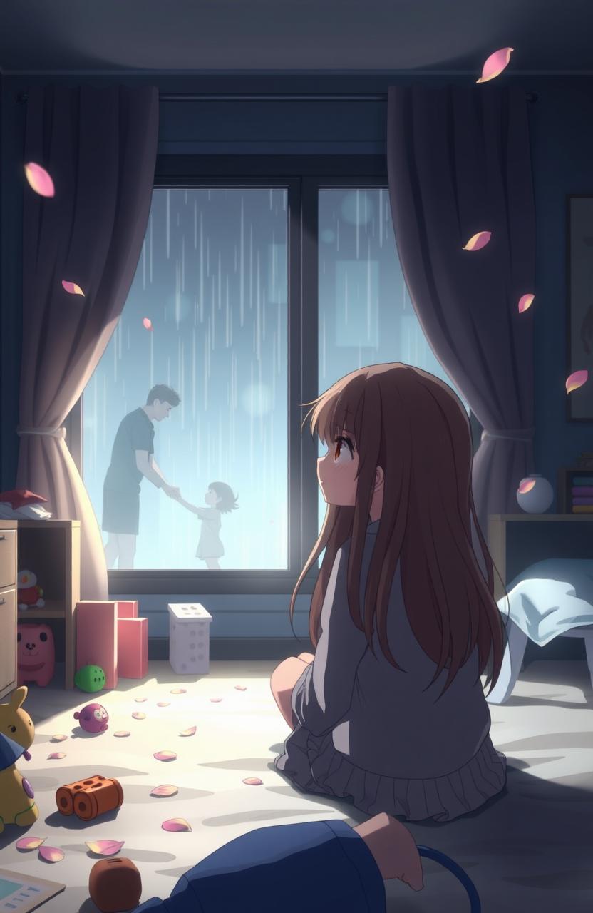 An emotional anime scene depicting a broken family, featuring a young girl with long brown hair sitting alone in a dimly lit bedroom, surrounded by scattered toys