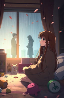 An emotional anime scene depicting a broken family, featuring a young girl with long brown hair sitting alone in a dimly lit bedroom, surrounded by scattered toys