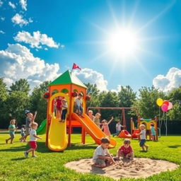 A vibrant and lively playground scene featuring several children playfully engaged in various activities