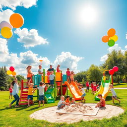 A vibrant and lively playground scene featuring several children playfully engaged in various activities