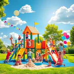 A vibrant and lively playground scene featuring several children playfully engaged in various activities
