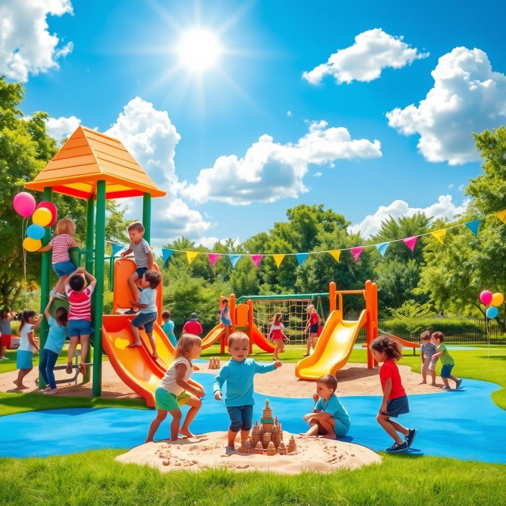 A vibrant and lively playground scene featuring several children playfully engaged in various activities