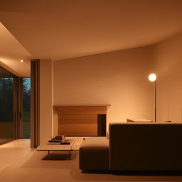 A modern living room featuring sleek, minimalistic furniture in monochromatic tones, illuminated by warm, ambient light.