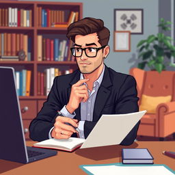 A pixel art depiction of a male psychologist in perspective view, showing him in a thoughtful pose